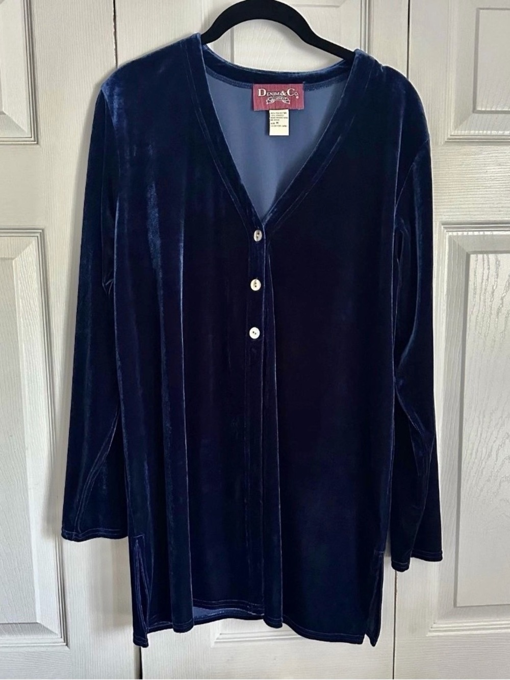 Denim & Co. Shirt Womens M Blue Velvet Long Sleeve Button Tunic Old Money Party